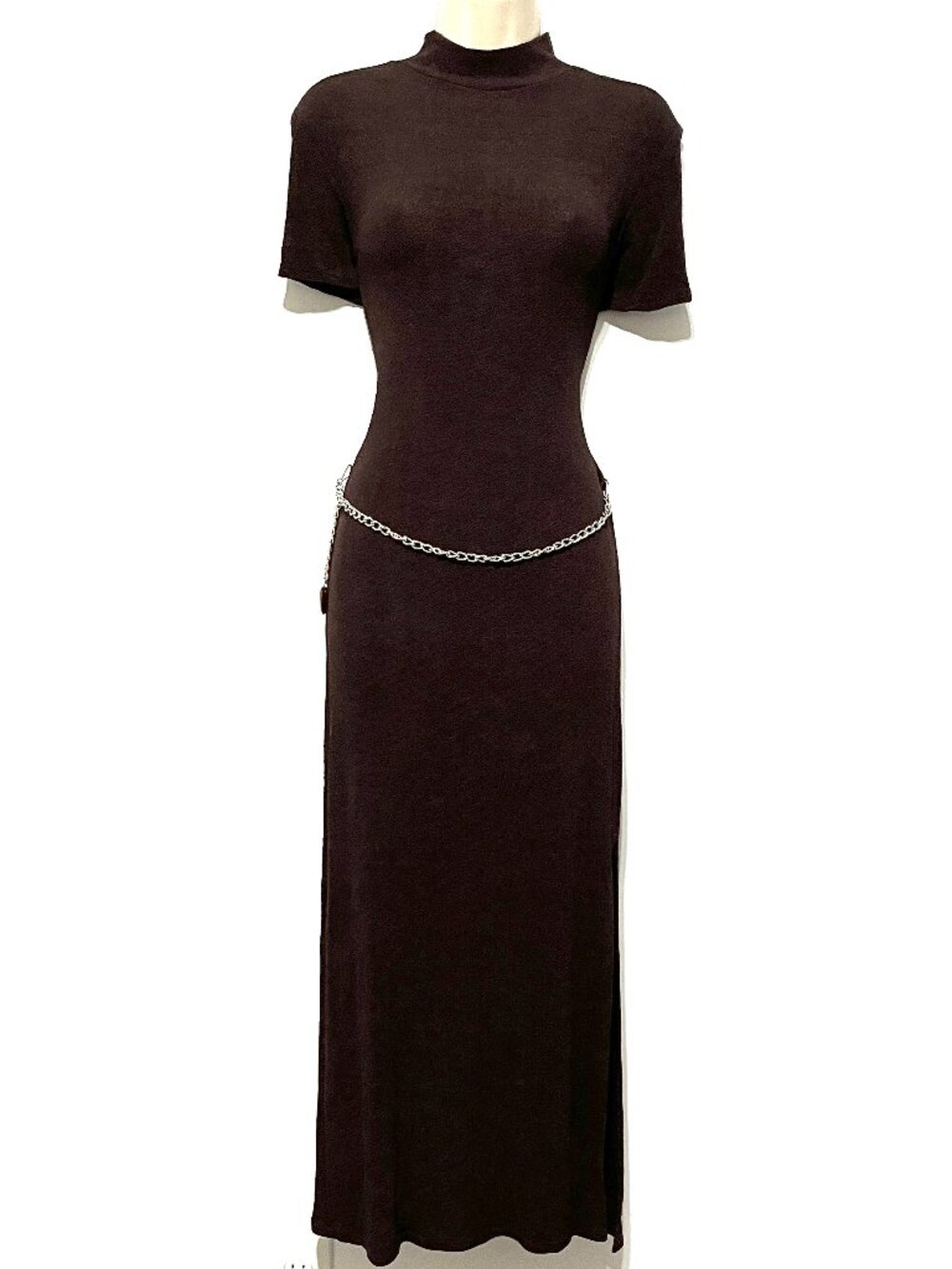 Helene Blake Womens VTG Crinkle Maxi Dress M Mock Neck Chocolate Brown Y2K 90s